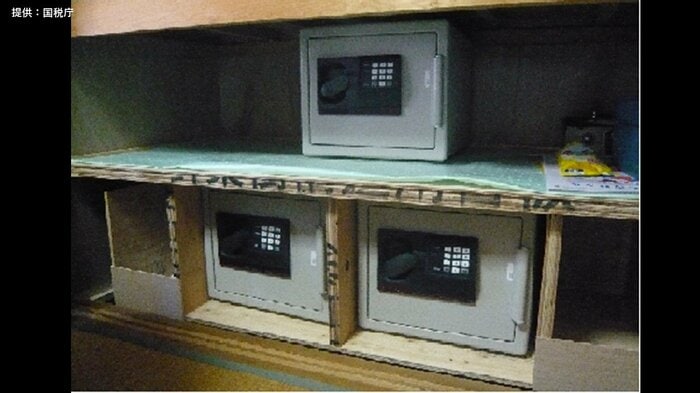 リモコンを操作すると、なんと床がせりあがって隠し金庫が現れた