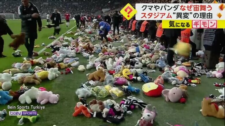 ぬいぐるみがグラウンドに散乱している