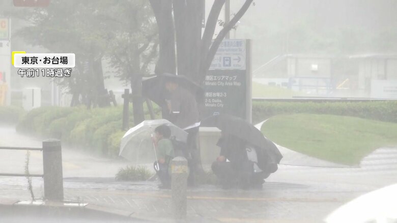 お台場では木の下でかがみ込む人も