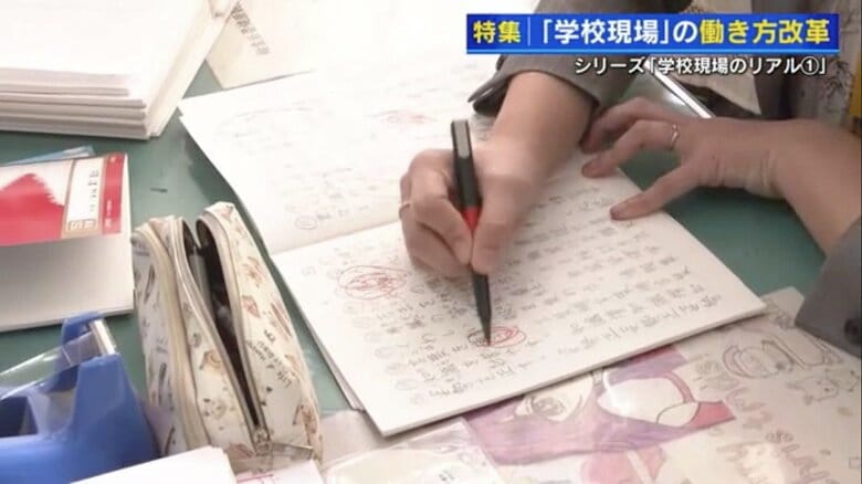 宿題の漢字ノートにはなまるをつける先生