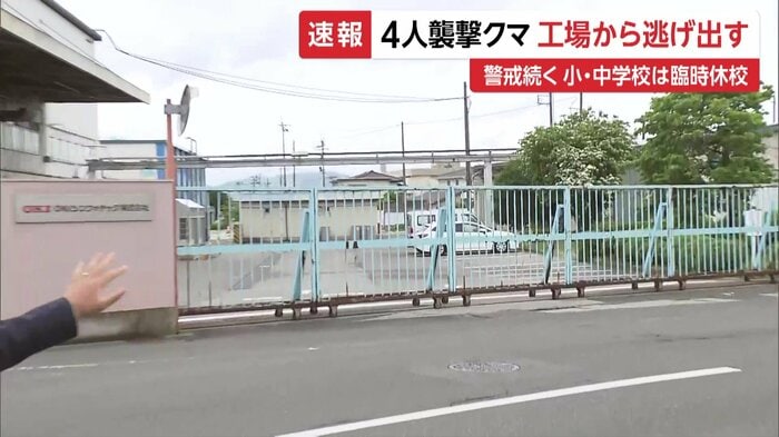 クマが飛び越えて逃げていった工場の門