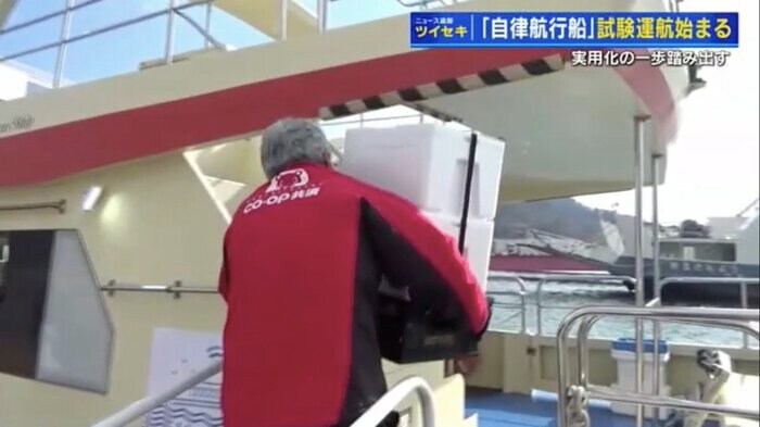 毎週月曜日、船に商品を積み込む生協スタッフ