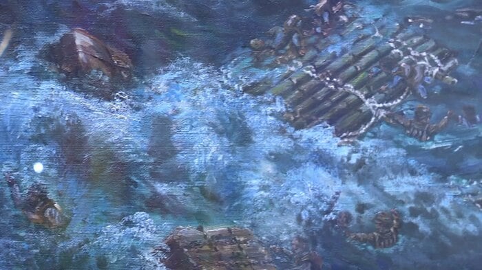 「対馬丸」沈没後いかだで漂流する様子を描いた絵画