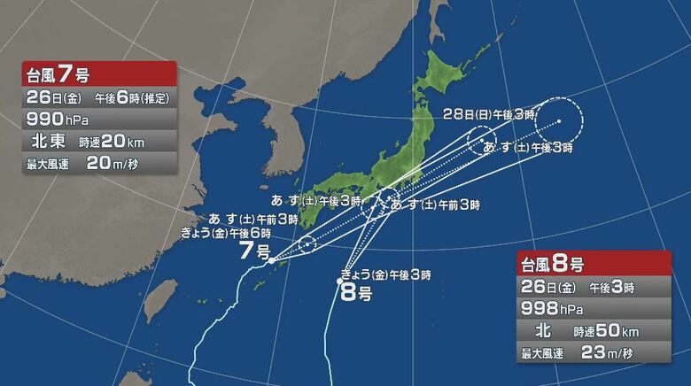 【台風情報】ダブル台風　7号は27日夕方～夜のはじめ頃、8号は27日明け方～朝に長野県内に最接近　27日午後6時までの24時間予想降水量南部150、中部120、北部80ミリ　JR飯田線・小海線は運休も｜FNNプライムオンライン
