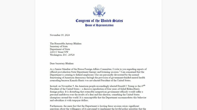 アイサ議員がブリンケン国務長官に宛てた抗議文