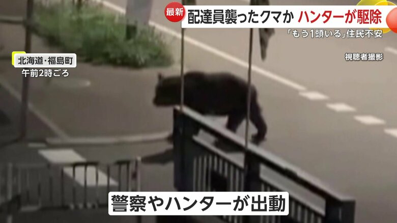 視聴者が自宅の窓越しに撮影した、深夜に道路を横断するクマ（18日、北海道・福島町）　⑤