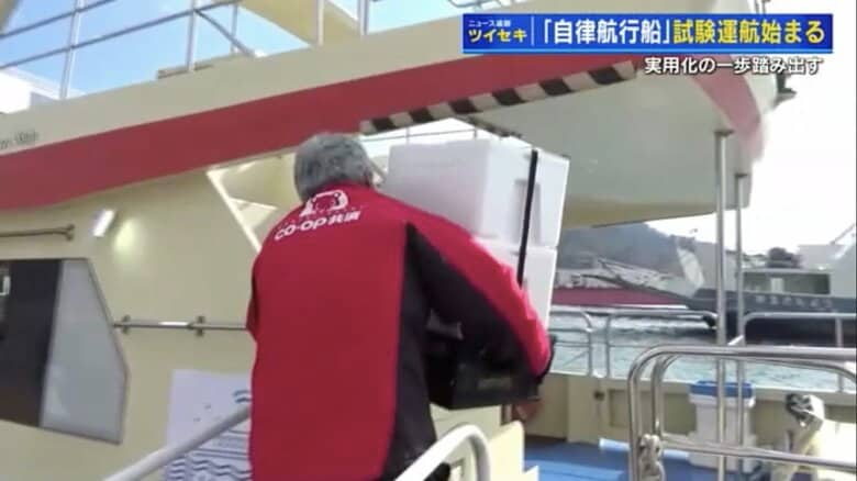 毎週月曜日、船に商品を積み込む生協スタッフ