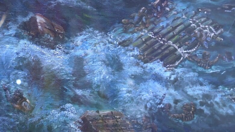 「対馬丸」沈没後いかだで漂流する様子を描いた絵画
