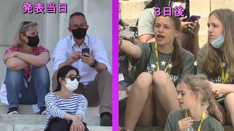 発表当日から数日の間にマスクを着けない人が急増