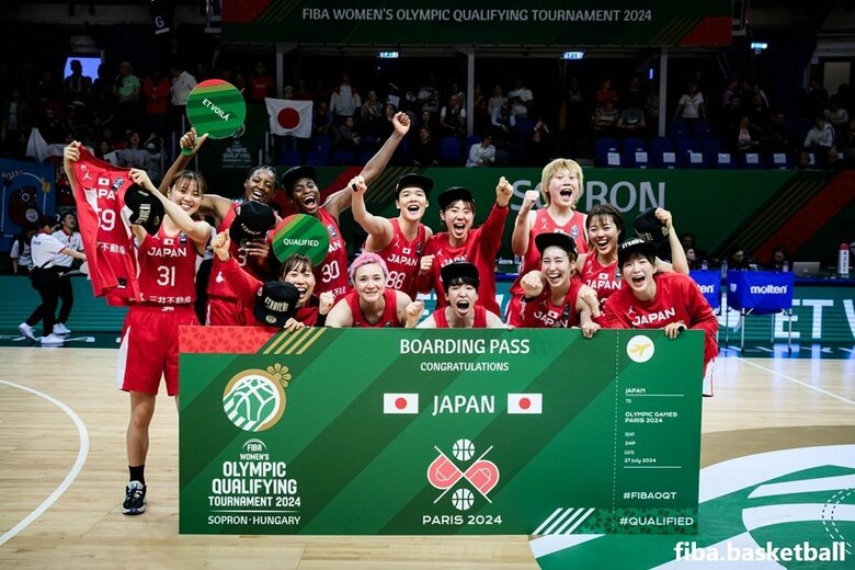 五輪出場決定を喜ぶ日本代表選手ら（11日、ハンガリー・ショプロン）