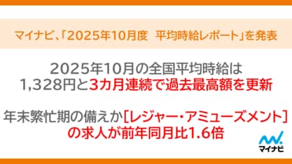 マイナビ、「2025年10月度アルバイト・パート平均時給レポート」を発表