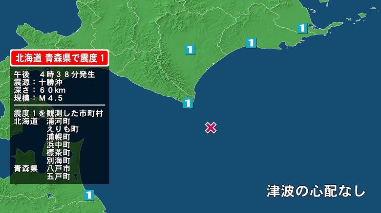 北海道で最大震度1の地震　北海道・浦河町、えりも町、浦幌町、浜中町、標茶町、別海町、青森県・八戸市、五戸町｜FNNプライムオンライン