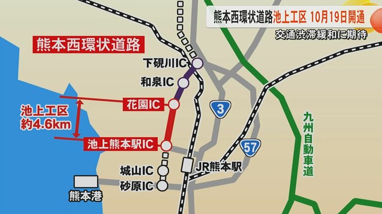 熊本西環状道路・池上工区が10月19日に開通へ　花園ICと池上熊本駅IC間の約4.6キロ　開通で移動時間の短縮や交通渋滞の緩和に期待｜FNNプライムオンライン