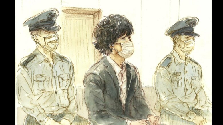 初公判に臨む油利被告(16日 東京地裁)イラスト:大橋由美子