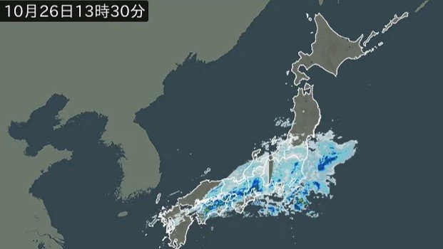 27日午後1時半の雨雲レーダーの予報（日本気象協会tenki.jpより）