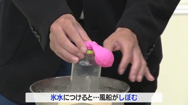 お湯につけ膨らんでいた風船が、氷水につけると一気にしぼむ