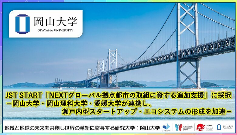 【岡山大学】JST START「NEXTグローバル拠点都市の取組に資する追加支援」に採択-岡山大学・岡山理科大学・愛媛大学が連携し、瀬戸内型スタートアップ・エコシステムの形成を加速-