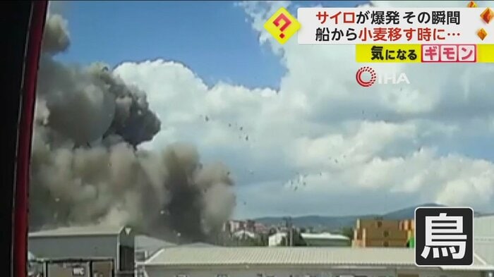 サイロが爆発した瞬間、一斉に飛び立つ鳥