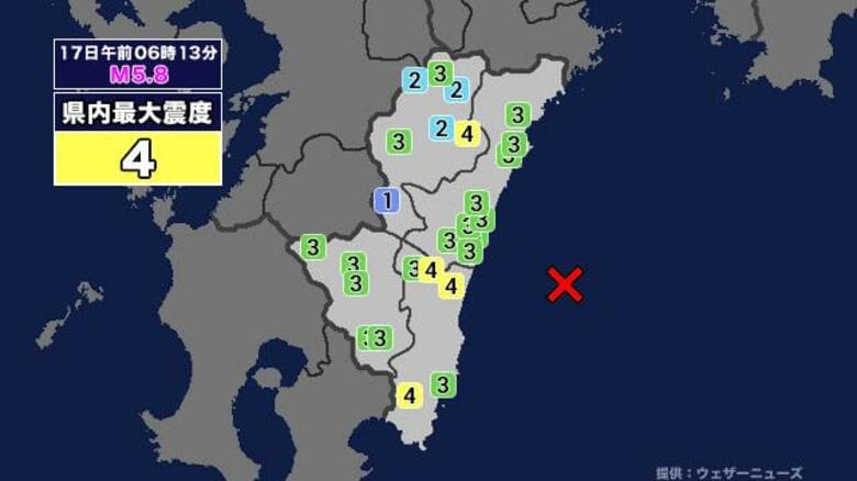 【地震】宮崎県内で震度4 日向灘を震源とする最大震度4の地震が発生｜FNNプライムオンライン
