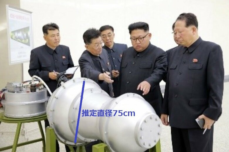 火星14型大陸間弾道ミサイル用と見られる水爆核弾頭実物大模型。最大直径推定約75cm。今年北朝鮮メディアが公開した「火山31型」はこれよりかなり小型化している(朝鮮中央通信・2017年9月)