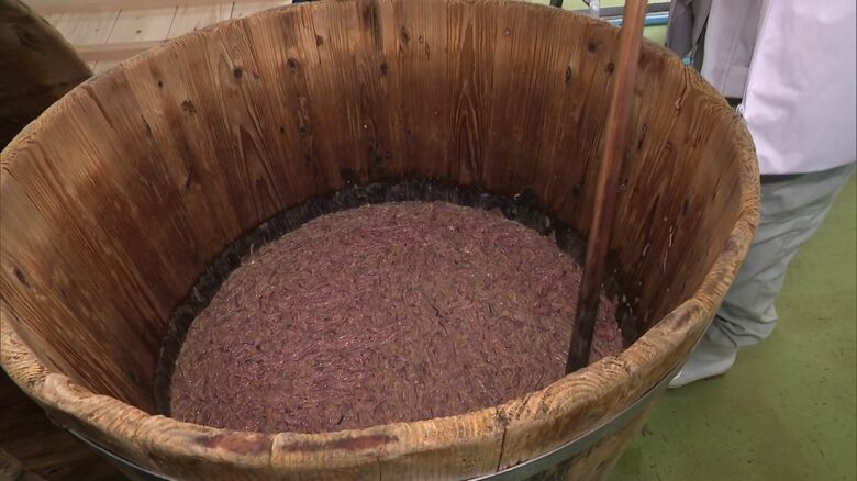 木樽で1週間発酵させるイカの塩辛が自慢