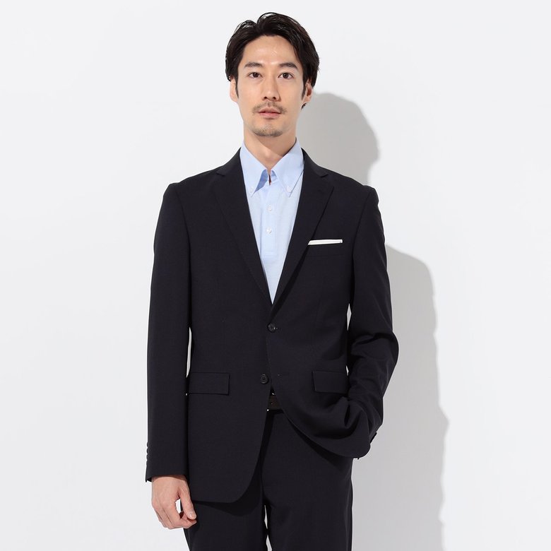 「洗えるストレッチ 背裏洗濯ネット付き 紺シャドーストライプ COOL 2パンツ スーツ 夏」