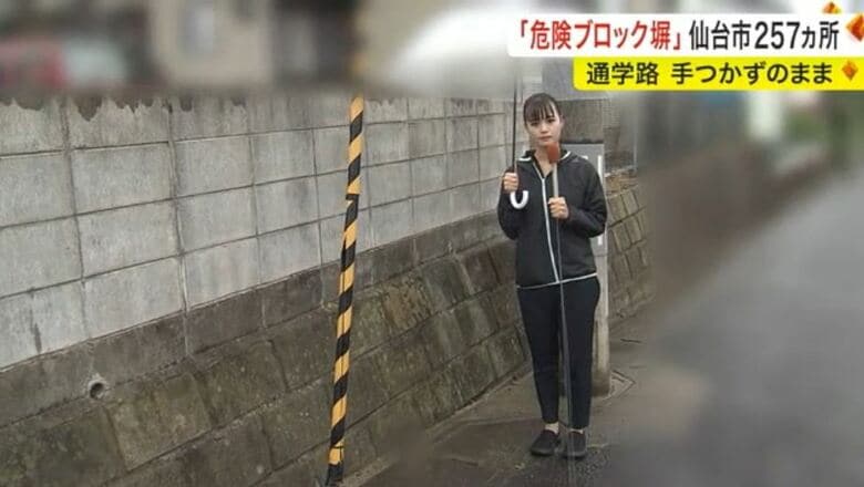 危険と判定されたブロック塀　身長160センチの記者よりも高い部分が…