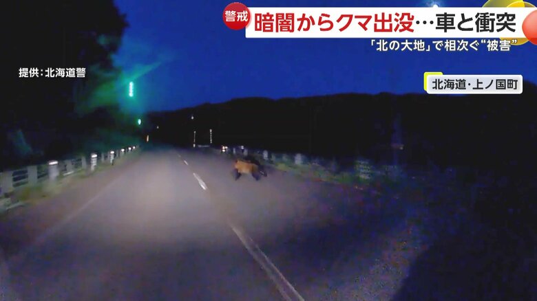 クマと衝突する衝撃的な瞬間（3日午後7時半頃、北海道・上ノ国町）②