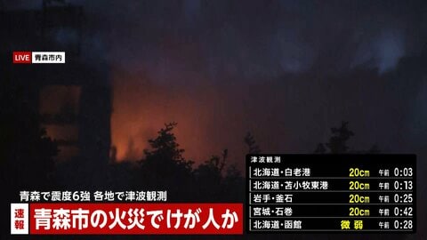 【続報】青森市の住宅で火事…地震の影響で発生か　高齢の男性1人けがで搬送　ポンプ車など10台以上出動し消火活動　青森で震度6強