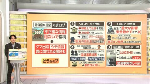 「クマが300頭」「線路上で乱闘」青森県のクマ出没情報サイトに相次ぐ“うそ投稿”…罪に問われる場合も