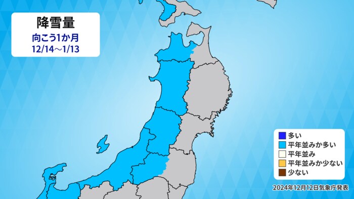1カ月予報の降雪量 提供:ウェザーマップ