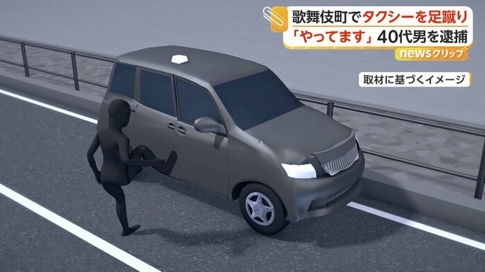 男はタクシーを殴ったり、蹴ったりしていた（取材に基づくイメージ）
