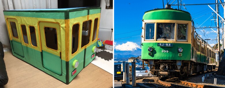 右は本物の江ノ電。特徴的なカラーリングもばっちり再現