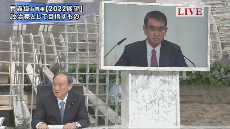 菅義偉 全内閣総理大臣、河野太郎 自民党広報本部長（画面）