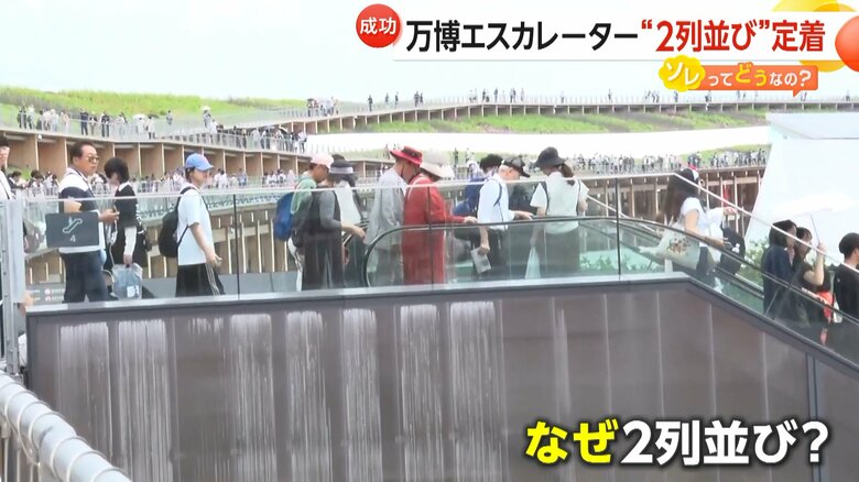 ２列並びで万博内のエスカレーターを利用する来場者