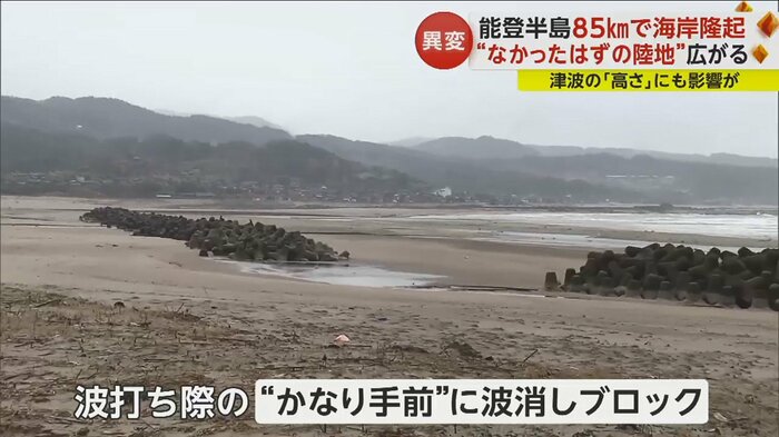 波消しブロックは波打ち際の手前に…