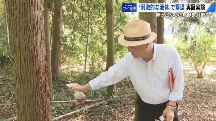 液体を散布する江の川漁協・熊高昌三組合長