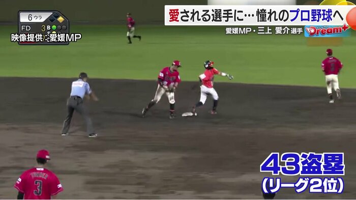 三上選手の武器は足の速さと肩の強さ