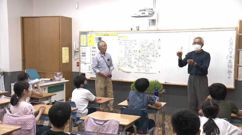 田植えの前に、教室で新潟の農家からレクチャーを受ける子どもたち