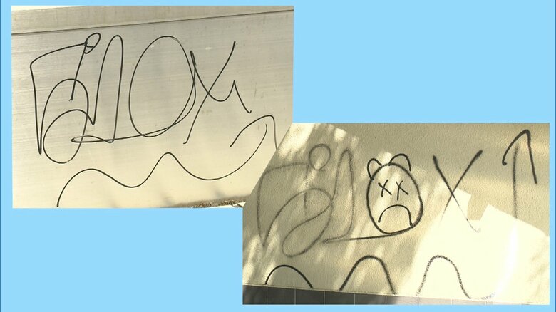 左上：案内図の落書き　右下：トイレ壁面の落書き