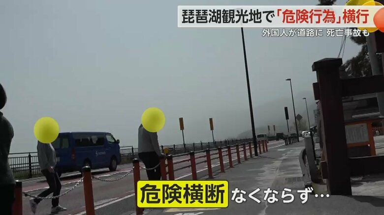 幻想的な光景をカメラに収めようと車が行き交う道路を無理やり渡る人たち