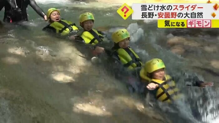 参加者たちが、連なって川を流れている
