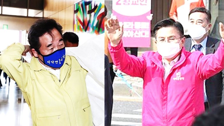与党「共に民主党」の李洛淵前首相(左)と未来統合党の代表・黄教安氏(右)