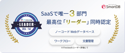 SmartDB(R)、「ITreview Grid Award 2024 Fall」にて10期連続受賞 ~SaaSで唯一となるノーコードWebデータベースなど3部門同時の最高位「Leader」に認定~