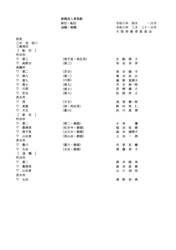 中学校の校長・転任・新任・退職