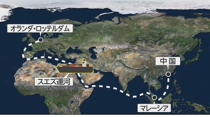 中国を出発してオランダに向かう予定だった「エバーギブン」の予定航路