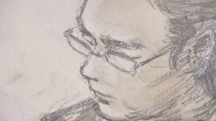 妹の証人尋問時の山上被告(法廷内イラスト)