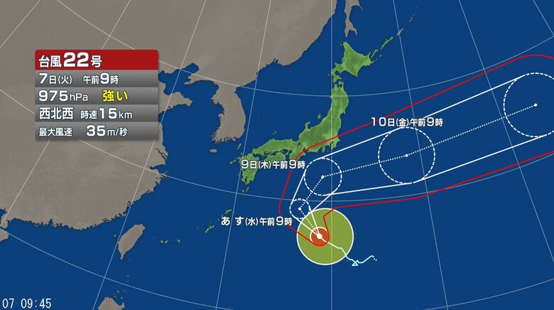 【台風情報】台風22号　今後の進路予想は　発達しながら7日は日本の南を北西へ進み、8日は進路を次第に北東に変え、9日は非常に強い勢力で伊豆諸島に接近するおそれ　気象庁の発表｜FNNプライムオンライン