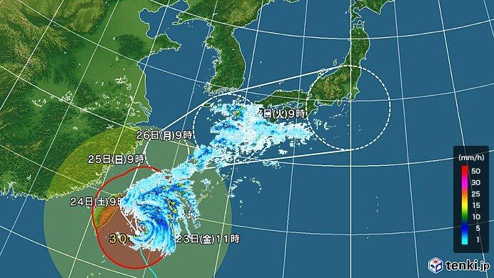 台風30号の進路予想図と雨雲（日本気象協会tenki.jpより）