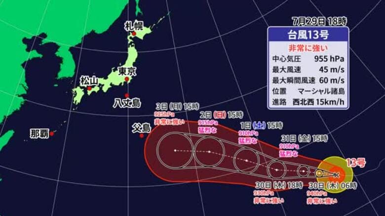 非常に強い台風１３号最新情報　日本の遠い海上を西進　進路次第で宇和海で波高くなるおそれ【愛媛】｜FNNプライムオンライン